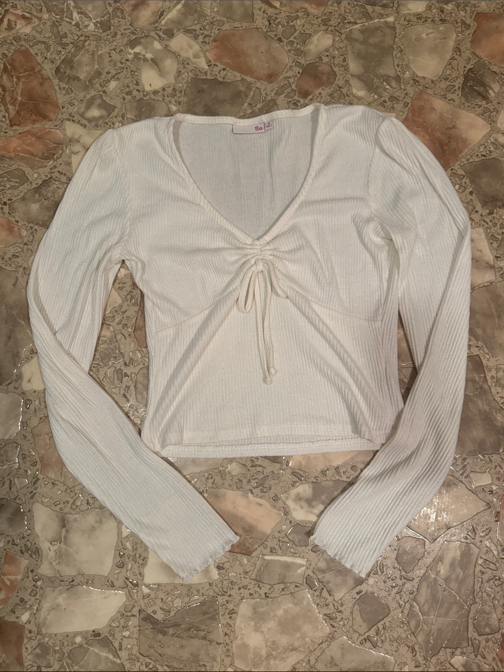 White Ribbed Long-Sleeve Tie-Front Top